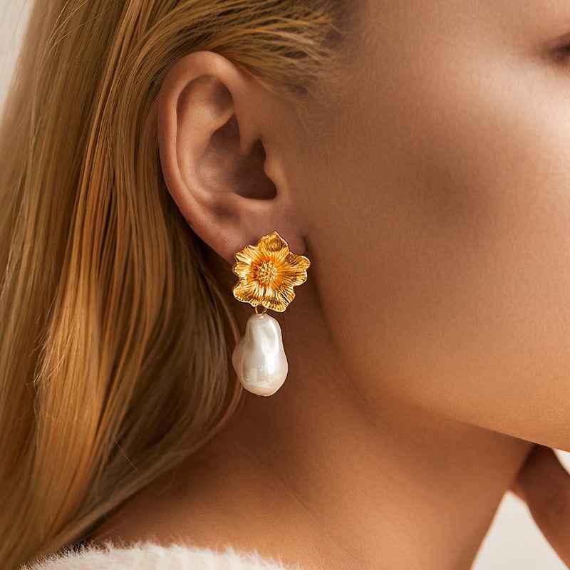 Baroque Pearl Flower Earrings - Elegant Floral Stud Jewelry - Vizimy
