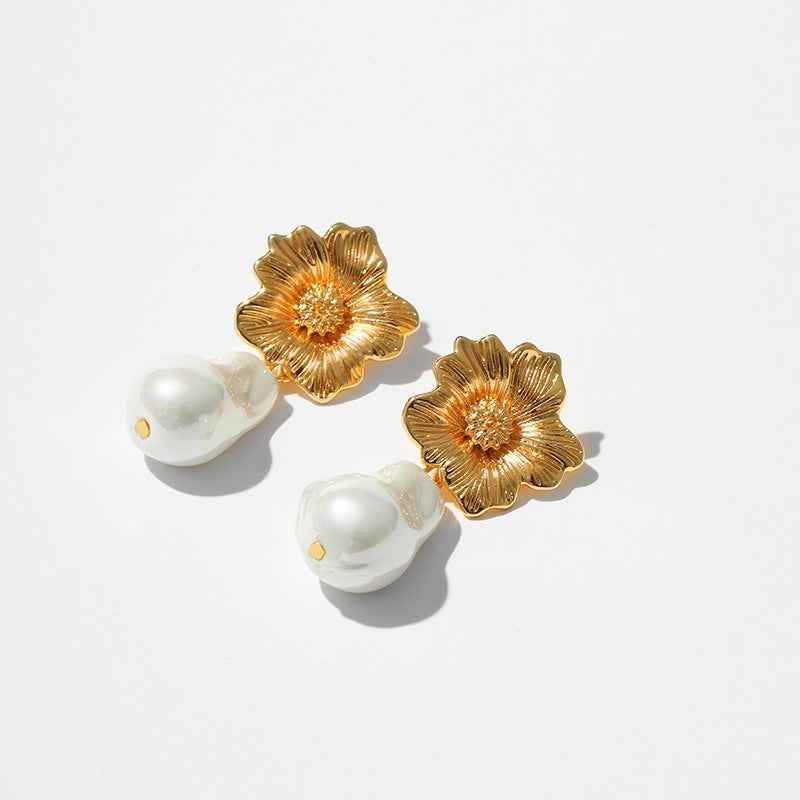 Baroque Pearl Flower Earrings - Elegant Floral Stud Jewelry - Vizimy