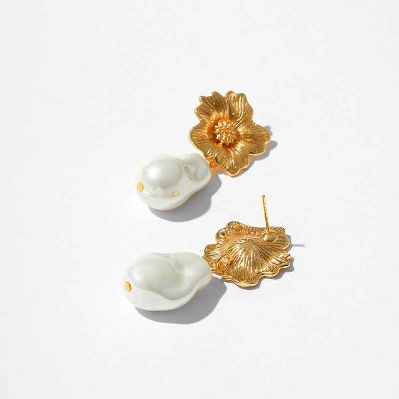 Baroque Pearl Flower Earrings - Elegant Floral Stud Jewelry - Vizimy