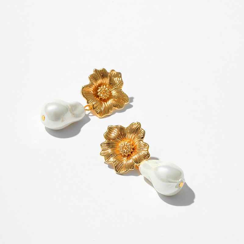 Baroque Pearl Flower Earrings - Elegant Floral Stud Jewelry - Vizimy